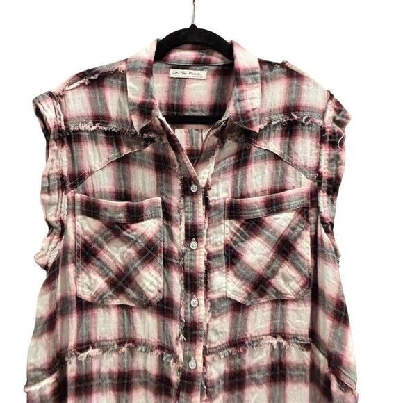 Free People Women's Plaid Sleeveless Button-Up Shirt Red Size M - Picture 2 of 5